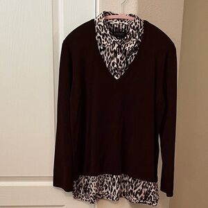 Investments vneck long sleeve sweater with animal print accents